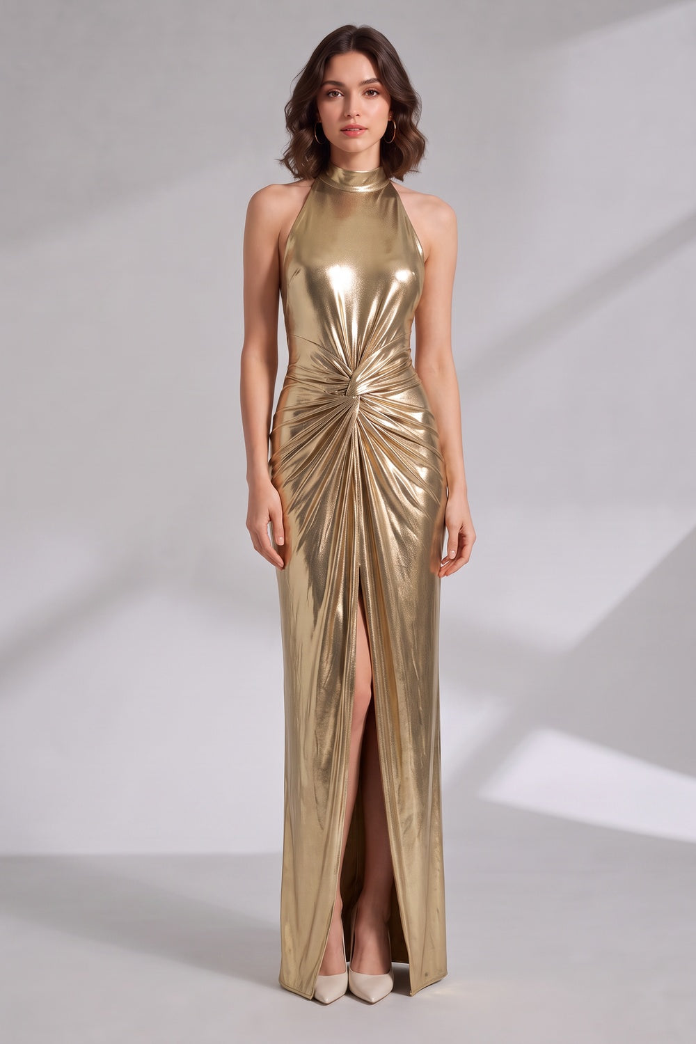 1da7f2387c2c1591 GOLD METALLIC HALTER MAXI DRESS FOR EVENTS