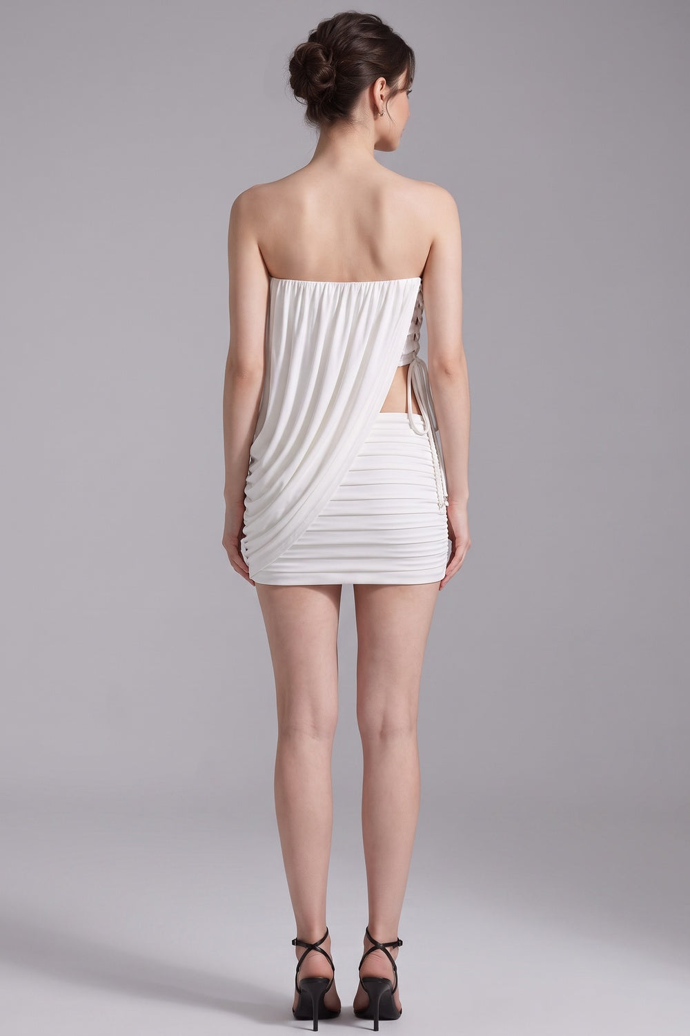 1e007164ac188638 WHITE FITTED JERSEY 2PC SET ASYMMETRICAL DRAPED TOP SKIRT
