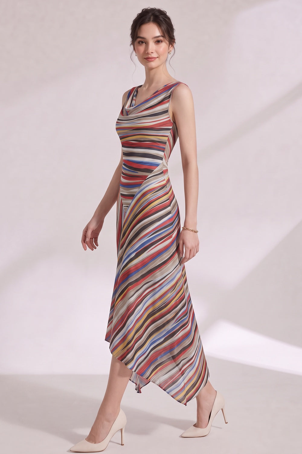 1e805c09959bc3d0 MULTICOLOR STRIPED COWL NECK KNIT DRESS