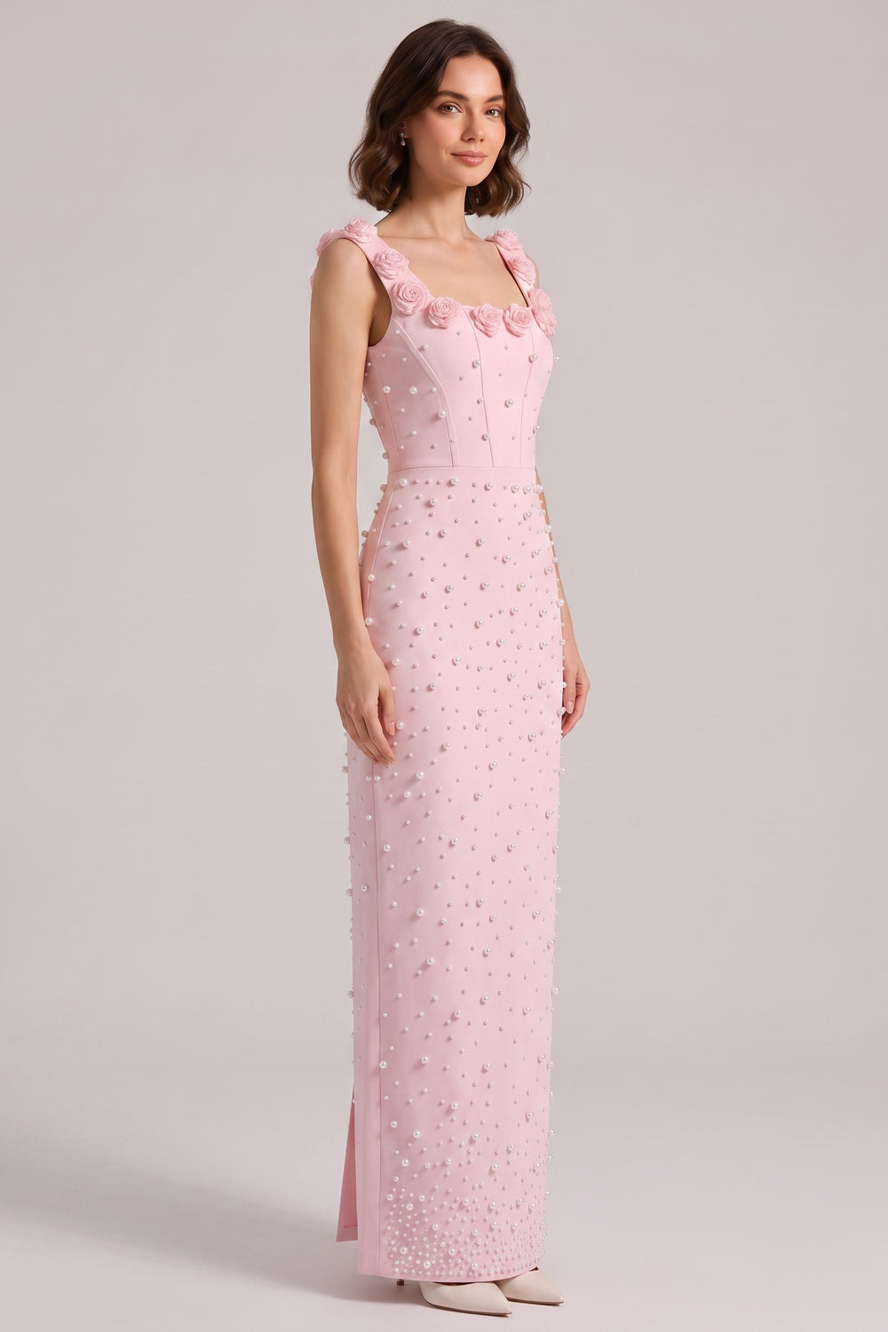 PINK 3D ROSE PEARL BEADED MERMAID MAXI GOWN