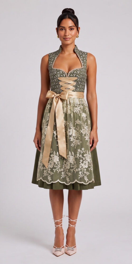 1ea774947b0e0e6e OLIVE GREEN JACQUARD BODICE FIT-FLARE DIRNDL