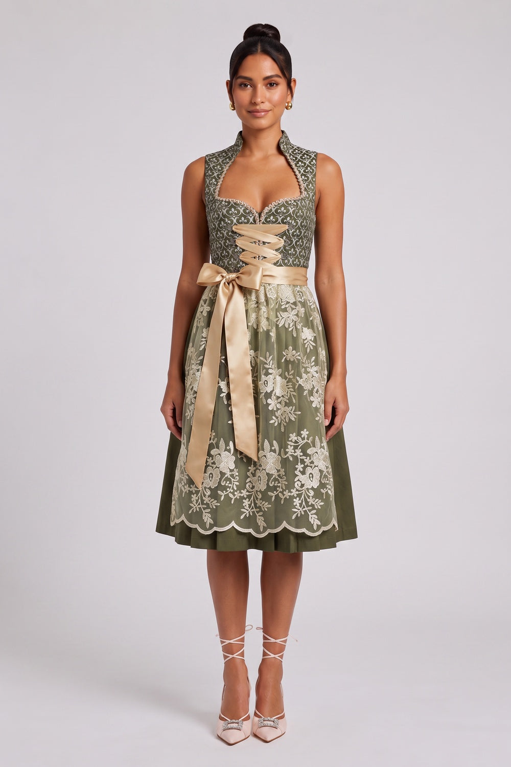 OLIVE GREEN JACQUARD BODICE FIT-FLARE DIRNDL