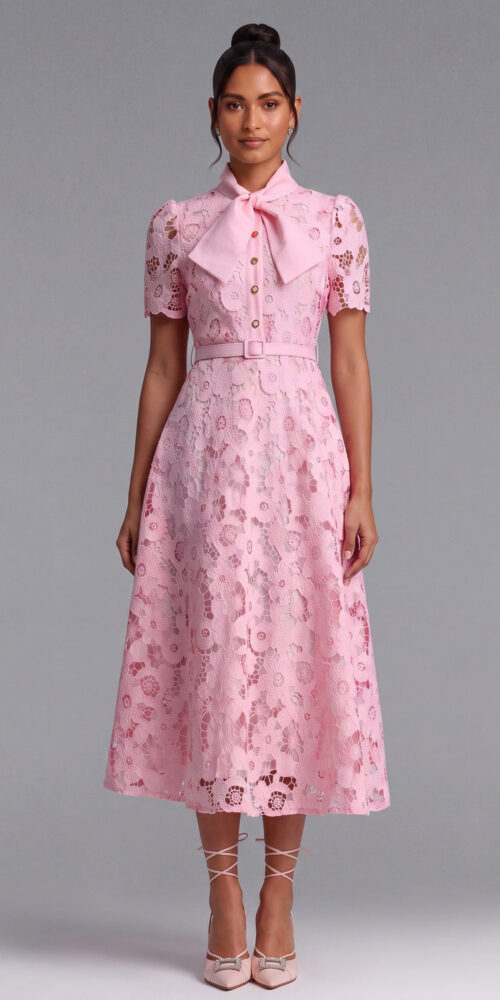 1ec63f7c90a83d61 LIGHT PINK FLORAL LACE A-LINE MIDI DRESS