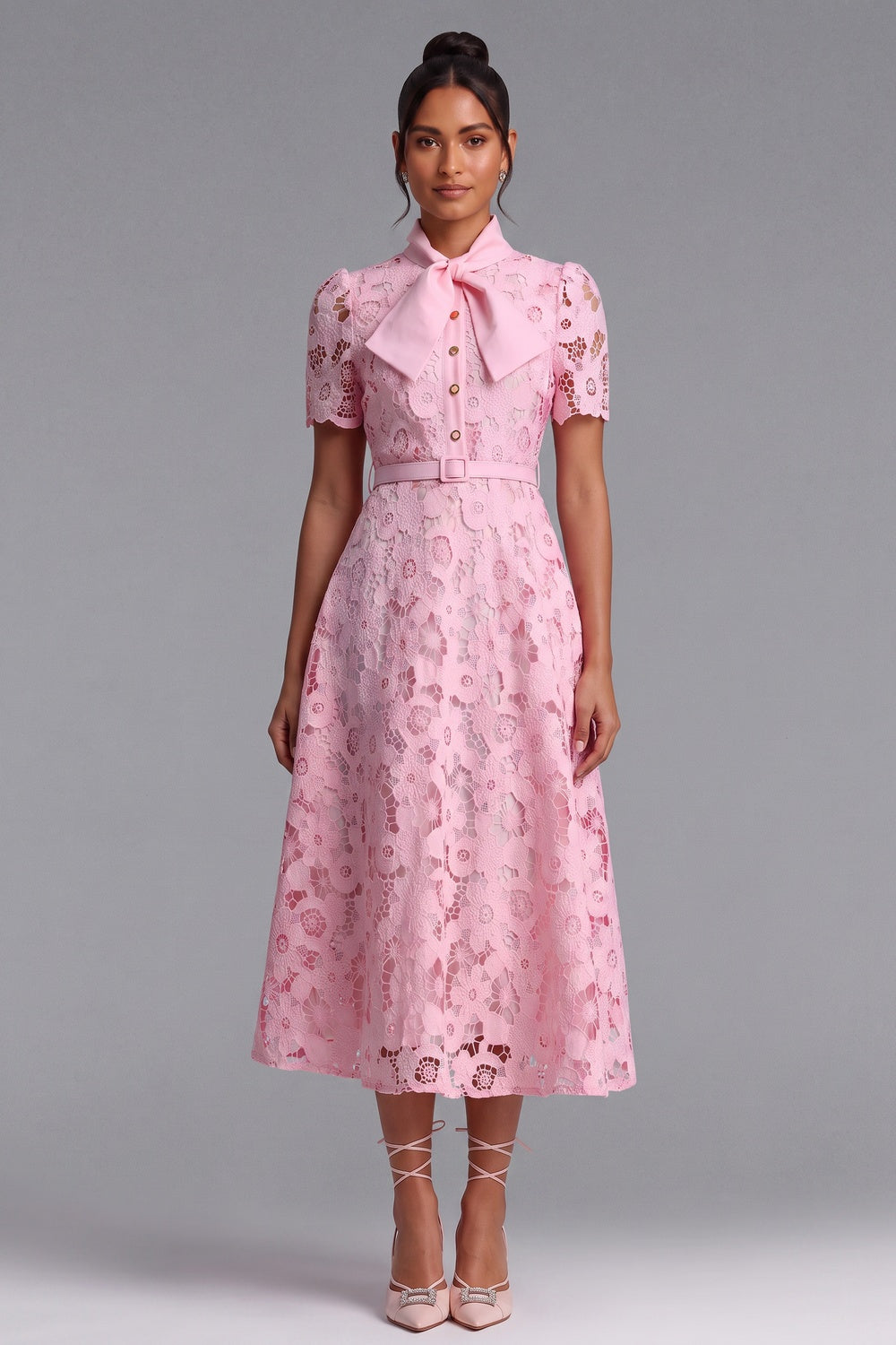 1ec63f7c90a83d61 LIGHT PINK FLORAL LACE A-LINE MIDI DRESS