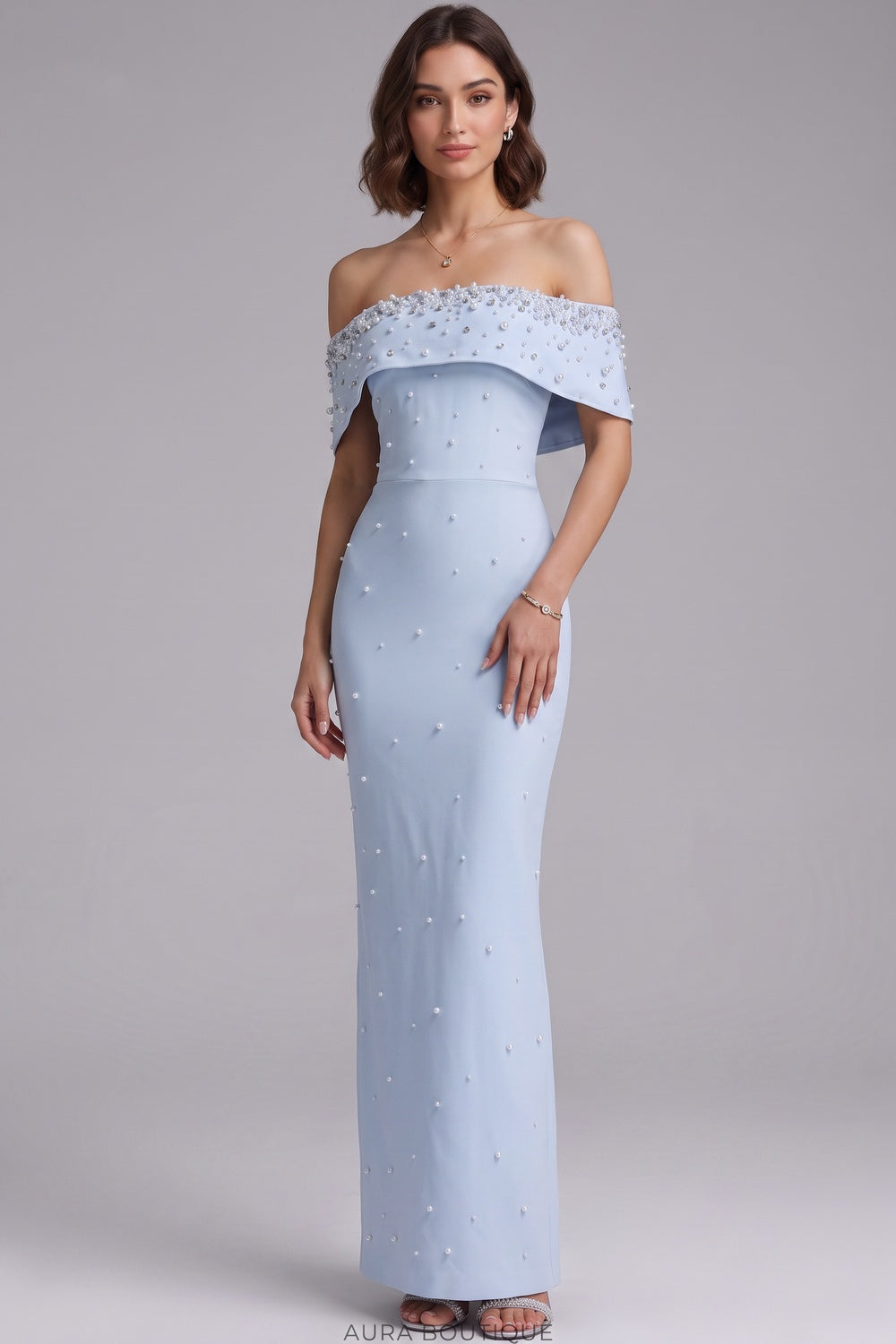 LIGHT BLUE PEARL COLUMN GOWN | STRUCTURED CREPE FORMAL DRESS