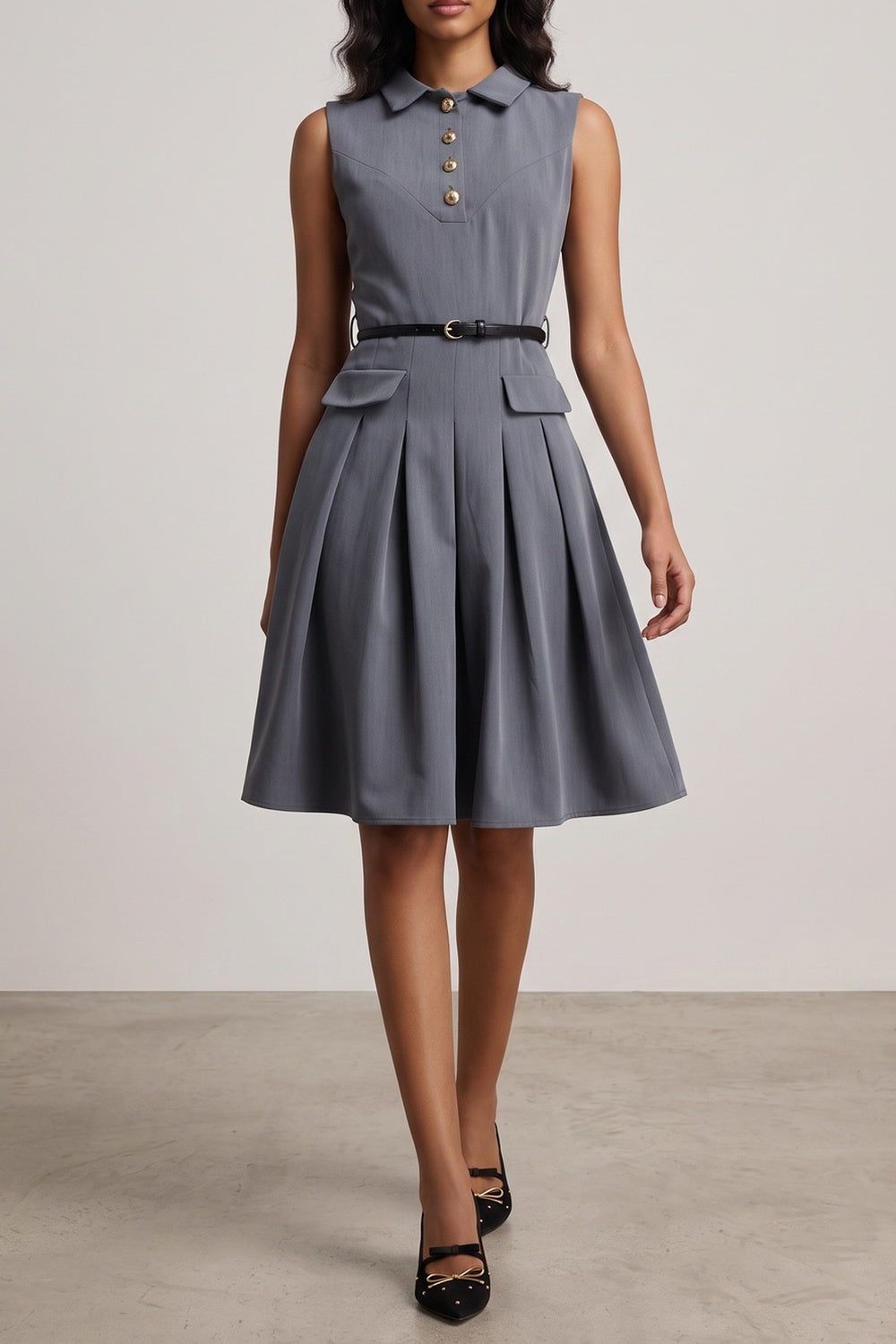 1f20cf792ef0d24a COLLARED SLEEVELESS BELTED PLEATED MIDI SHIRT DRESS
