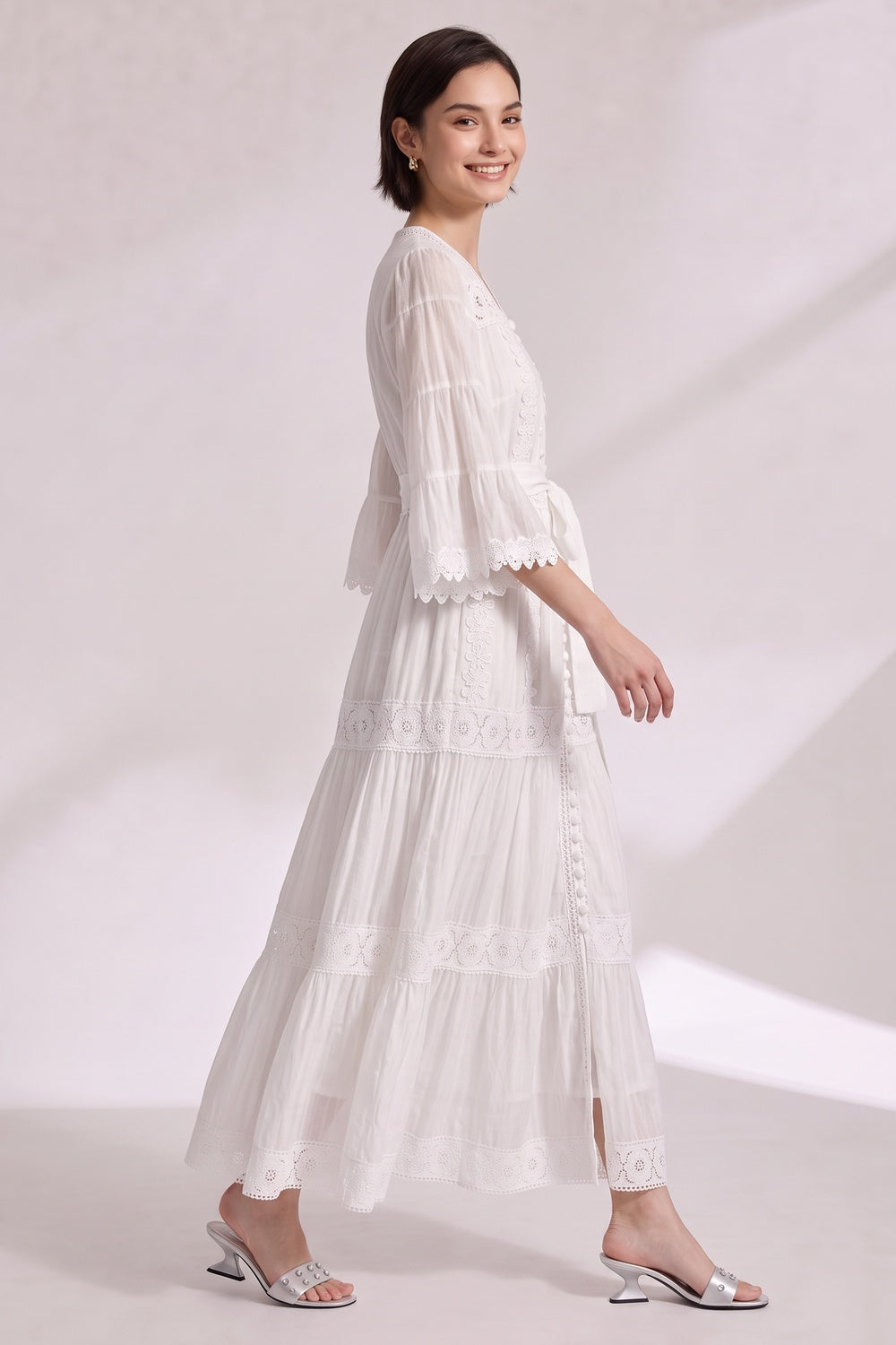 1f7602a9a193924e WHITE LACE TIERED A-LINE MAXI DRESS