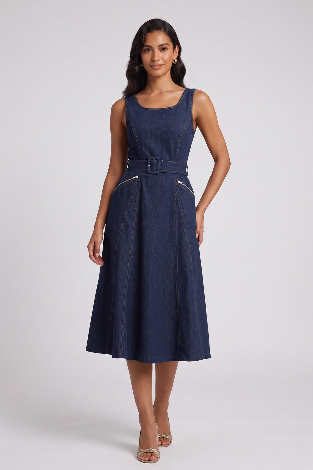 1f98a0b08dca76b1 DARK BLUE DENIM FIT-AND-FLARE MIDI DRESS FOR WEDDING GUEST