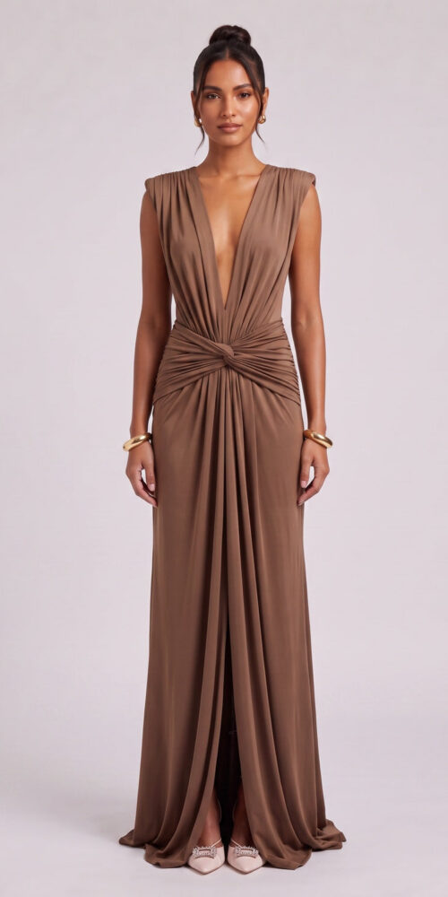 1fdd656a1dd571fd BROWN JERSEY TWIST COLUMN GOWN FOR EVENING