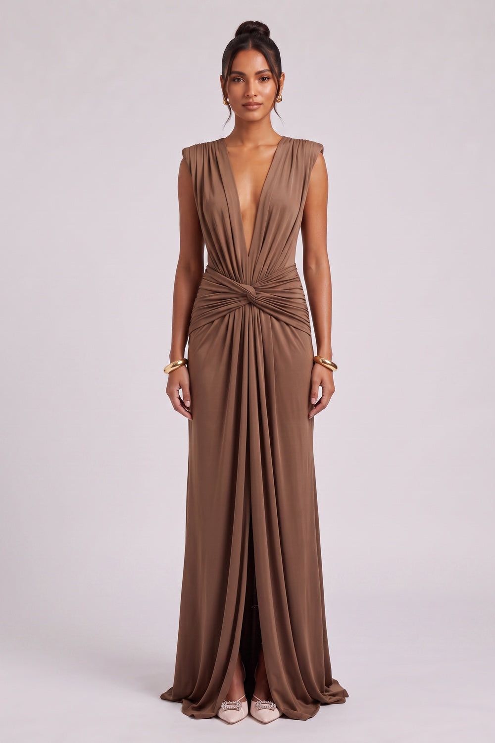 BROWN JERSEY TWIST COLUMN GOWN FOR EVENING