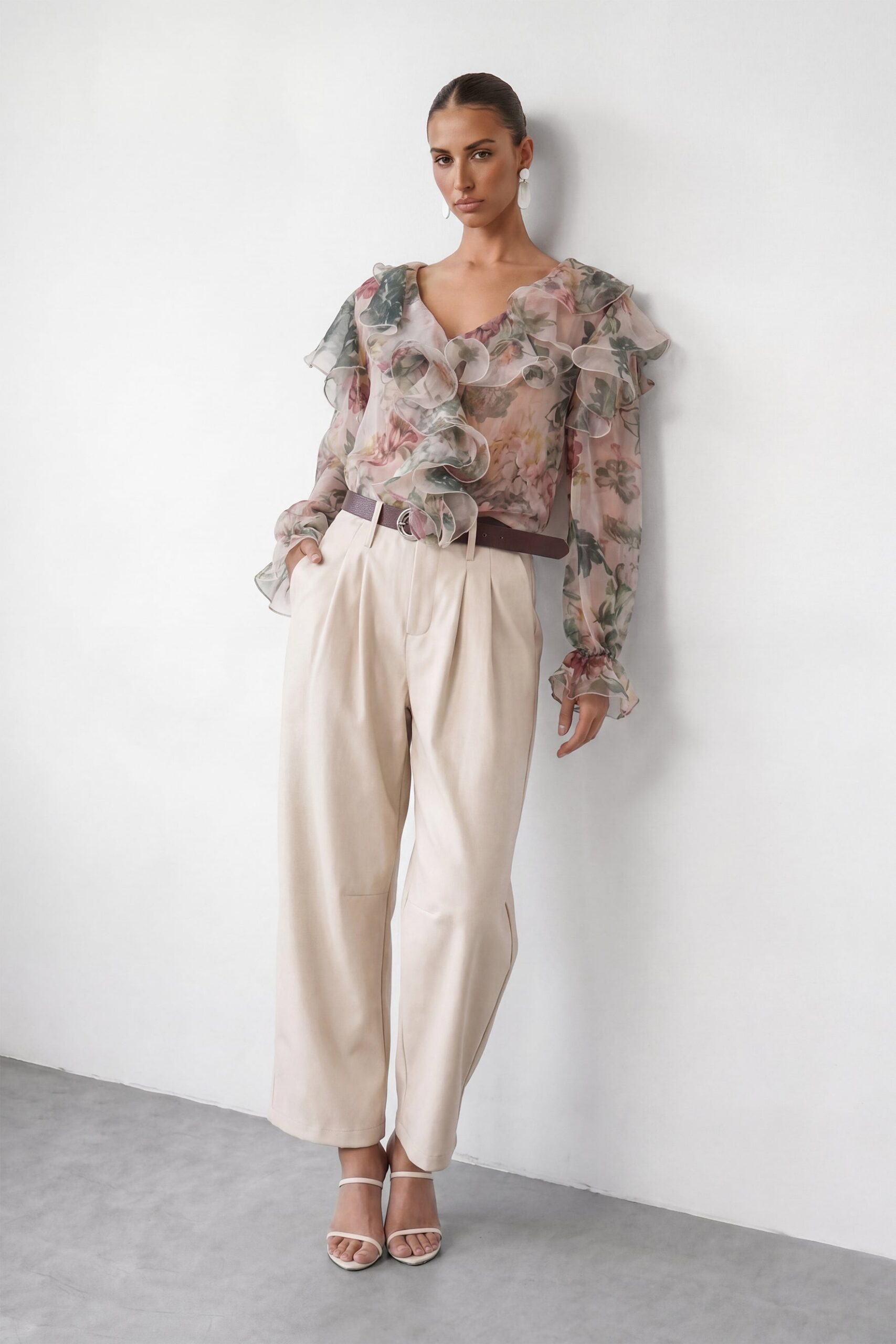 2-108 VINTAGE ROSE RUFFLE V-NECK CHIFFON BLOUSE FOR WEDDING GUEST