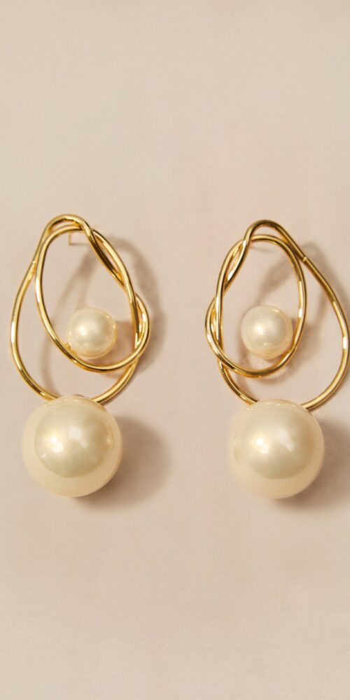 DOUBLE TWISTED PEARL DROP HOOP EARRINGS, SILVER