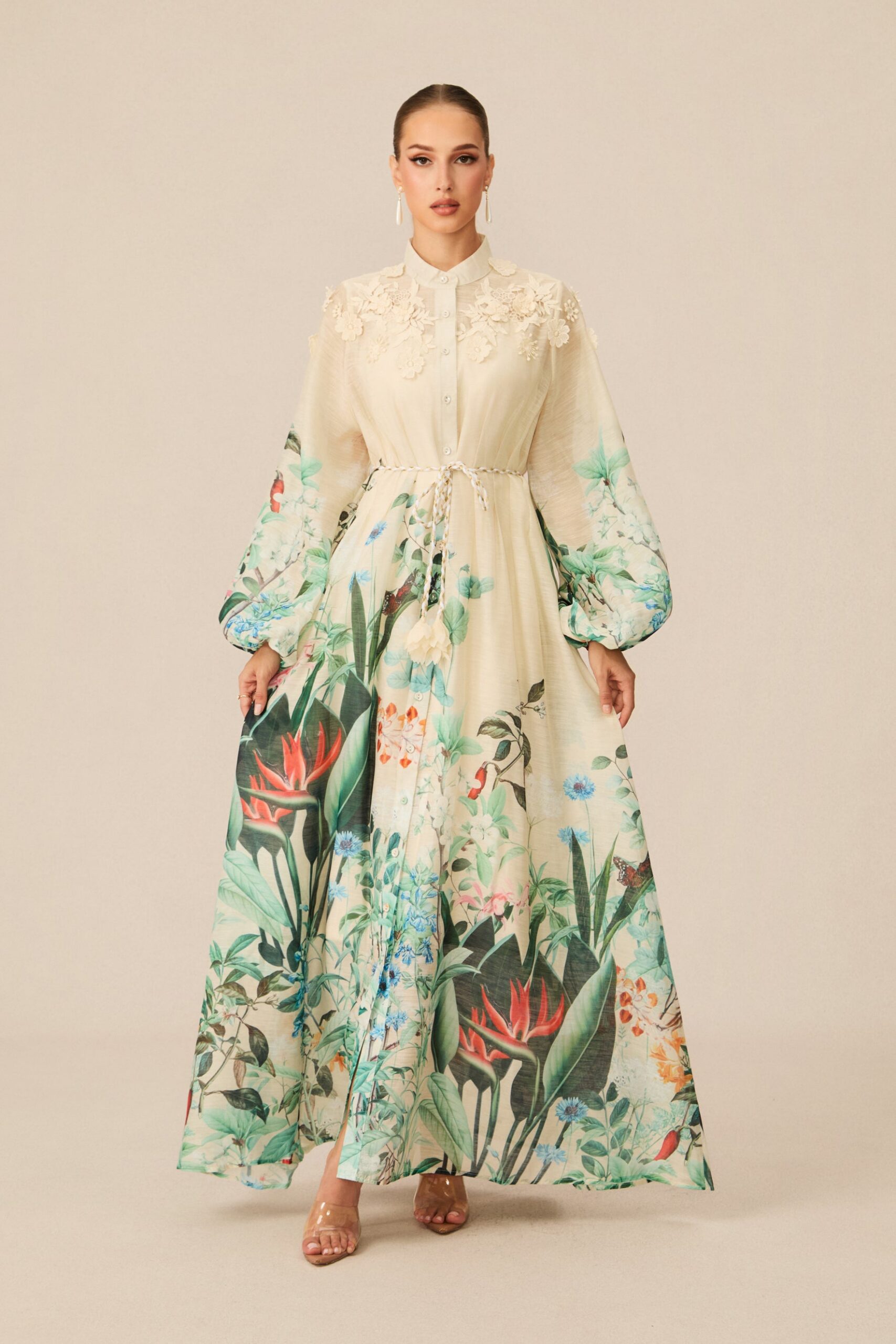 CREAM FLORAL 3D LACE COLLAR BALLOON SLEEVE MAXI SHIRT DRESS
