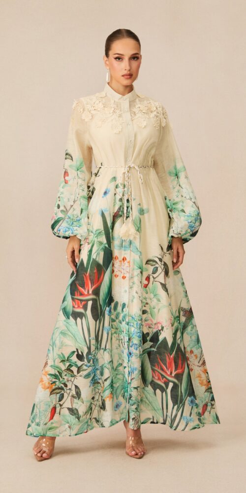 2025-09-13-elena13426-d0l5Rz CREAM FLORAL 3D LACE COLLAR BALLOON SLEEVE MAXI SHIRT DRESS