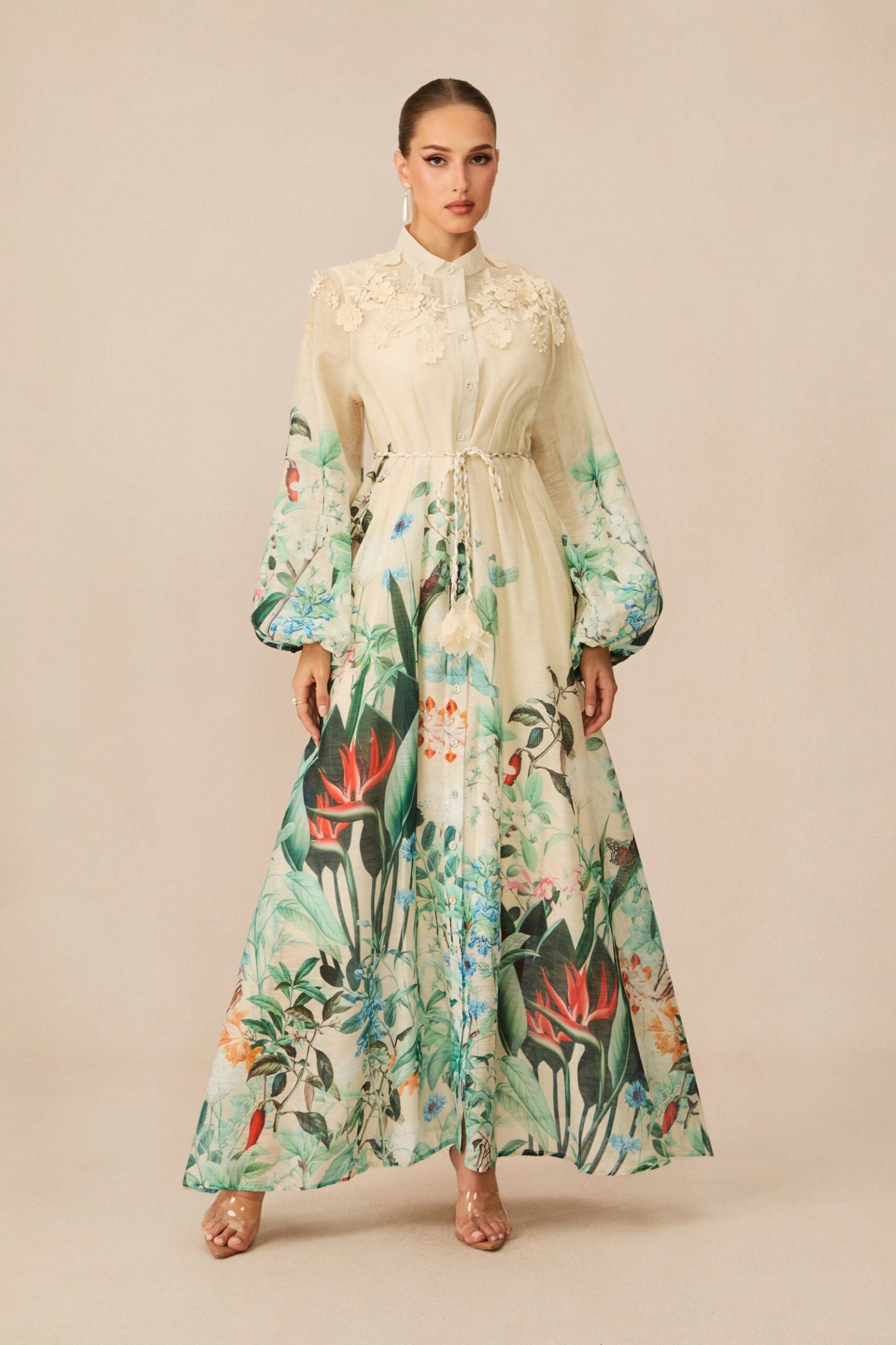 CREAM FLORAL 3D LACE COLLAR BALLOON SLEEVE MAXI SHIRT DRESS
