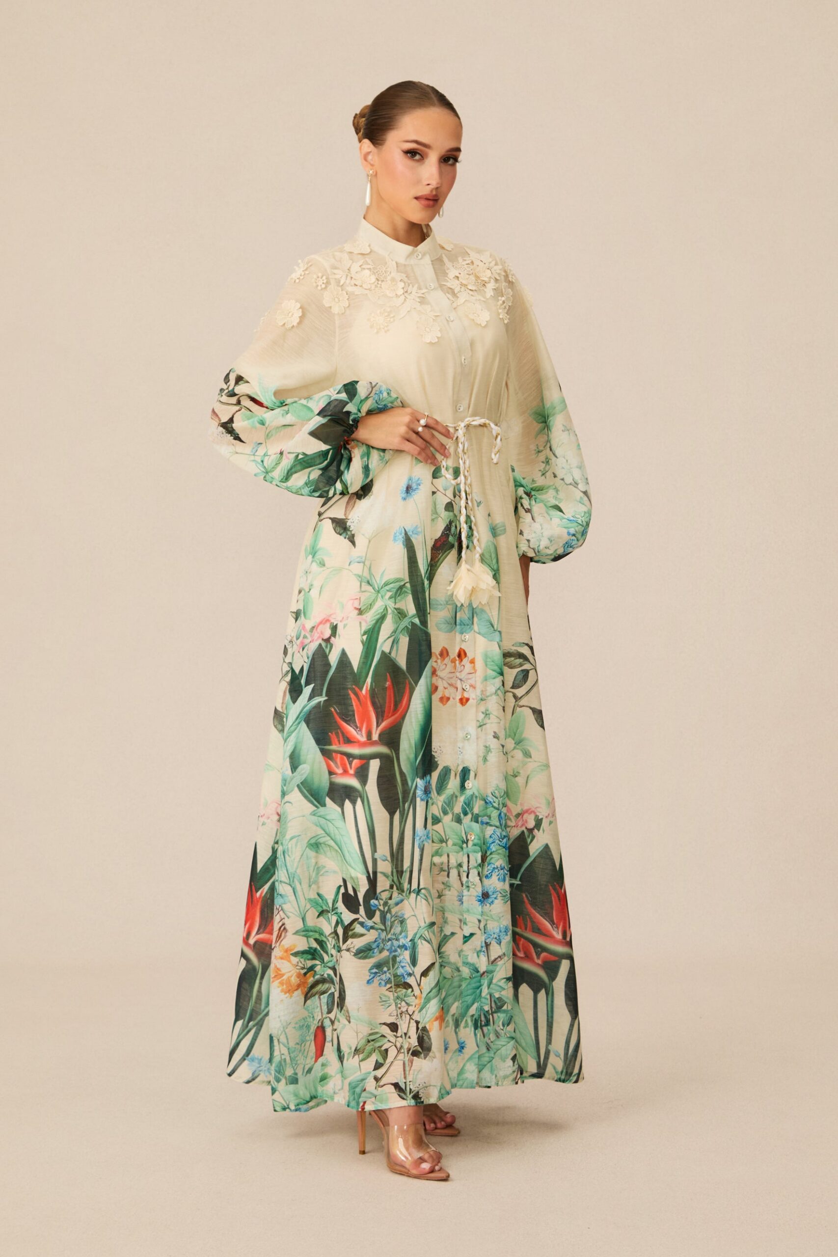 CREAM FLORAL 3D LACE COLLAR BALLOON SLEEVE MAXI SHIRT DRESS