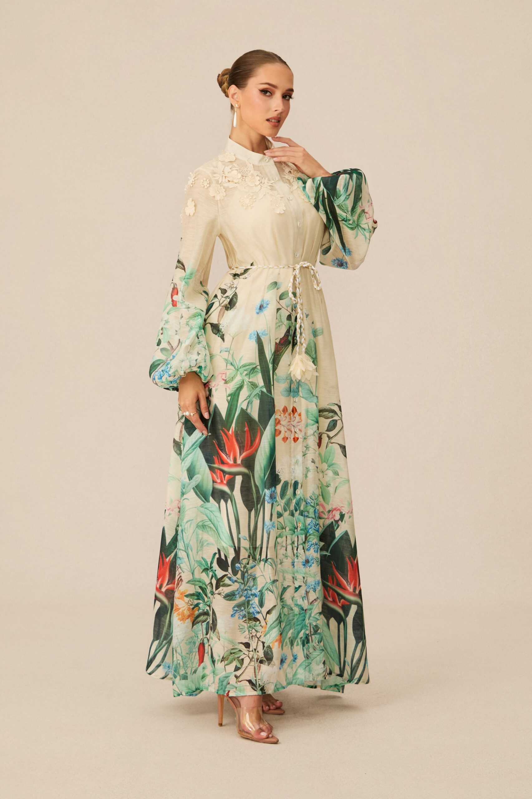 CREAM FLORAL 3D LACE COLLAR BALLOON SLEEVE MAXI SHIRT DRESS