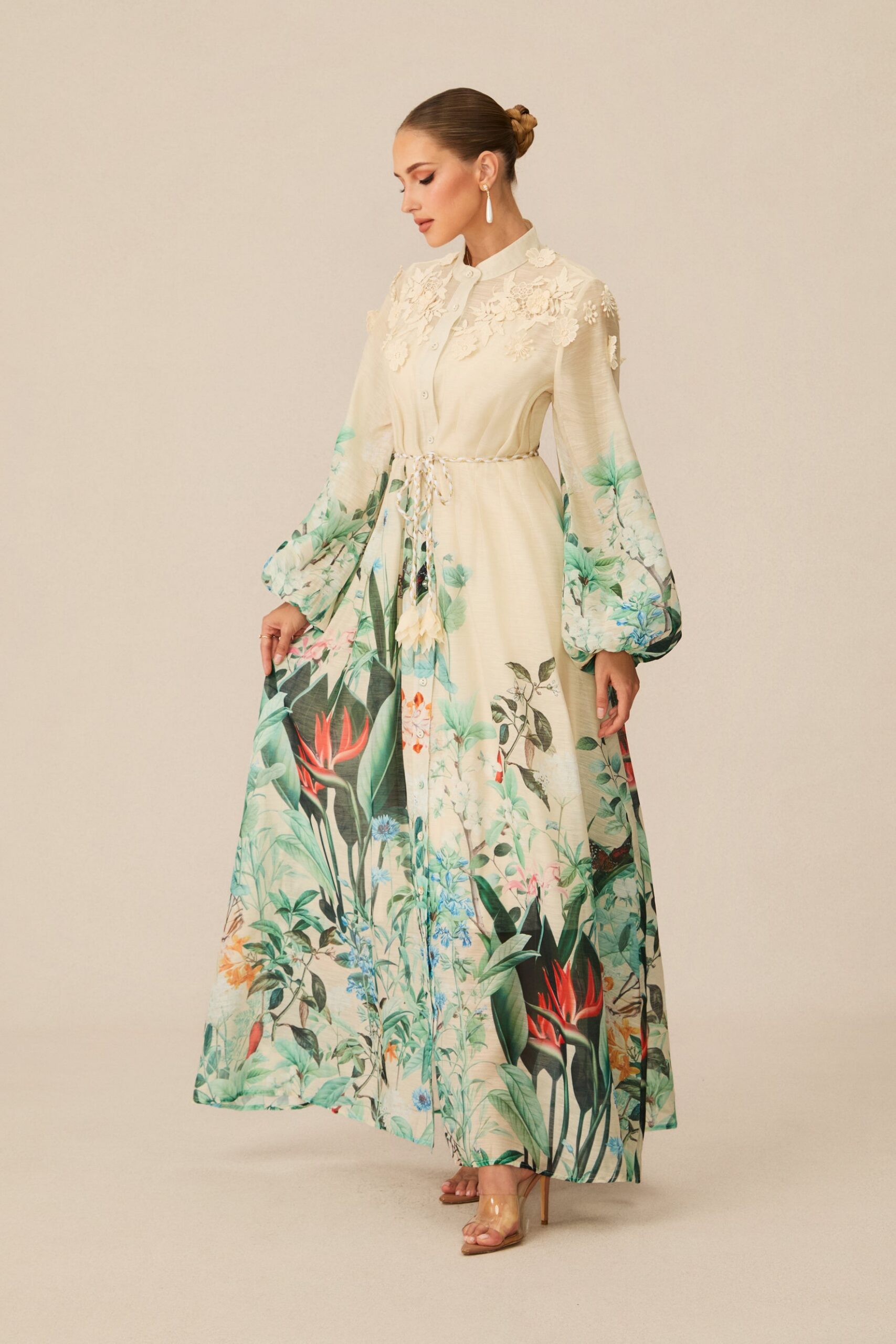 CREAM FLORAL 3D LACE COLLAR BALLOON SLEEVE MAXI SHIRT DRESS