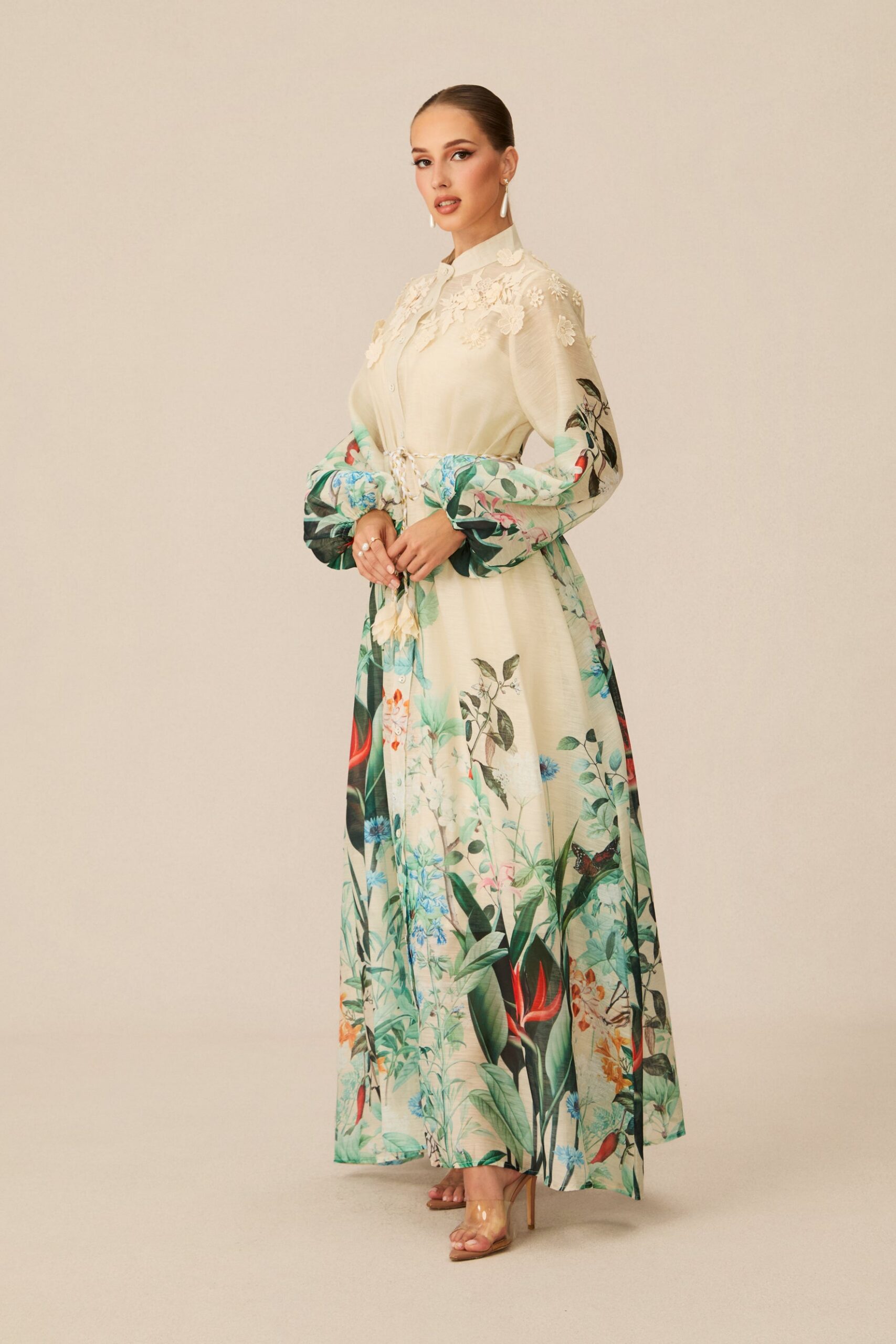 CREAM FLORAL 3D LACE COLLAR BALLOON SLEEVE MAXI SHIRT DRESS