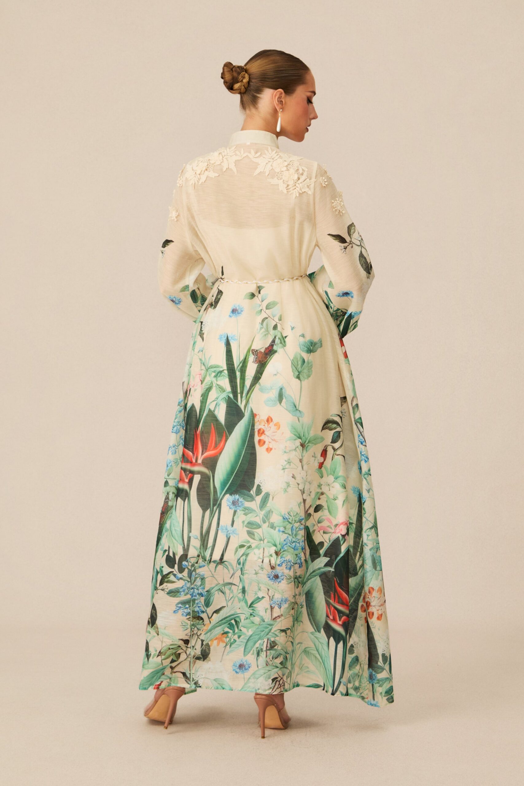 CREAM FLORAL 3D LACE COLLAR BALLOON SLEEVE MAXI SHIRT DRESS