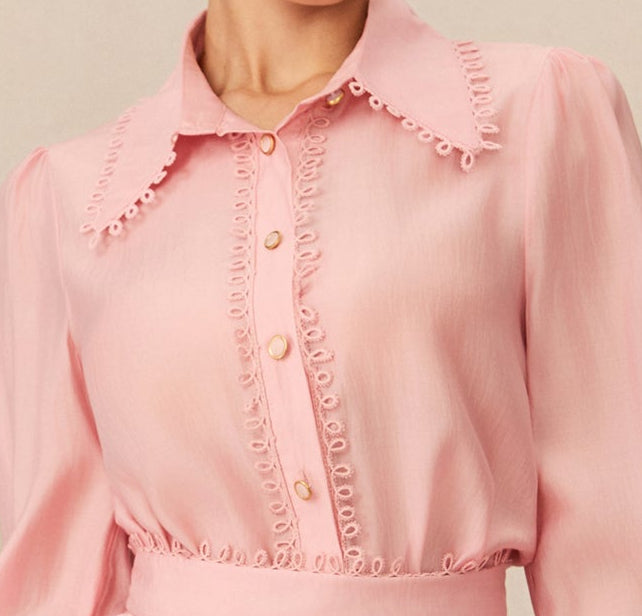 PINK LACE TRIM SHIRT & 3D FLORAL LACE MINI SKIRT TWO-PIECE SET