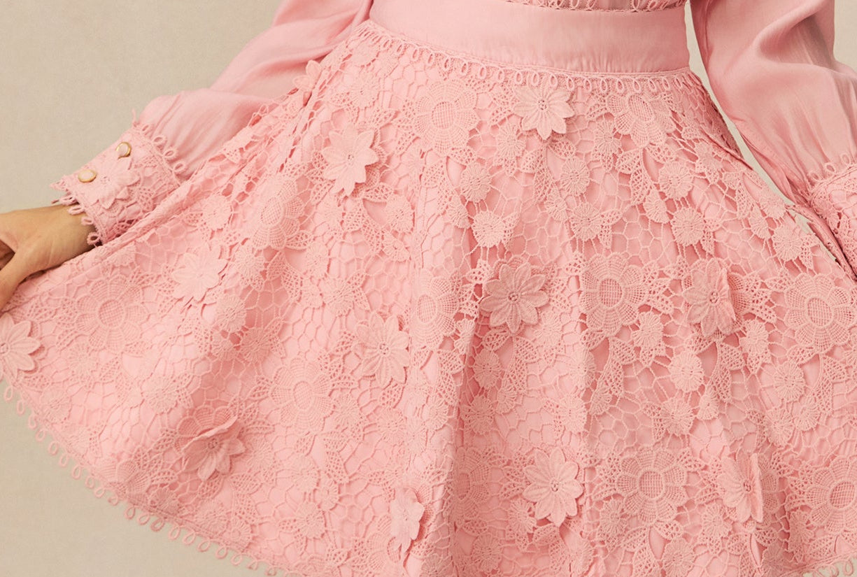 PINK LACE TRIM SHIRT & 3D FLORAL LACE MINI SKIRT TWO-PIECE SET