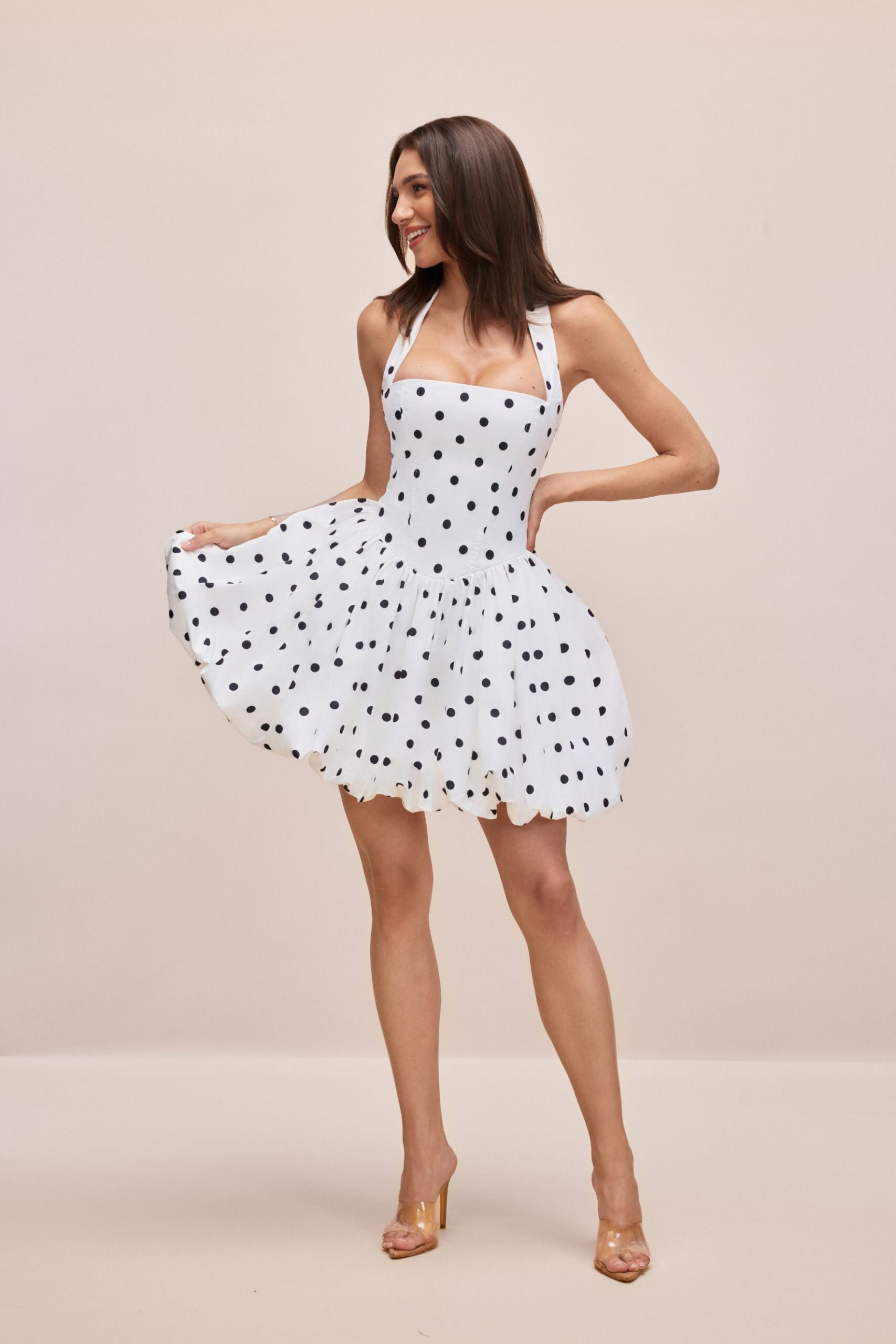 20250622-sunfere1081-0 WHITE POLKA DOT HALTER SQUARE NECK BUBBLE MINI DRESS