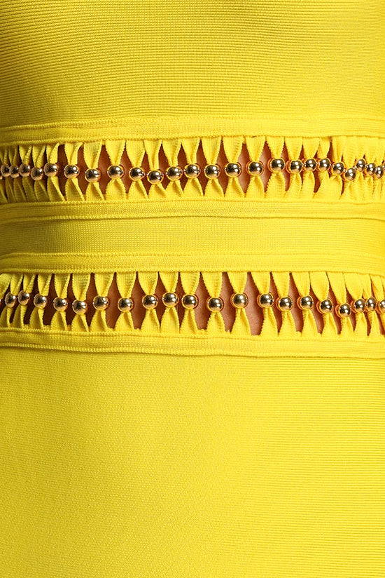 2026-03-05-andrea-m211800 BRIGHT YELLOW CUTOUT FRINGE BANDAGE MERMAID MAXI DRESS