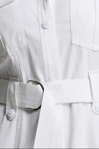 WHITE CAP SLEEVE BELTED CARGO MIDI SHIRT DRESS