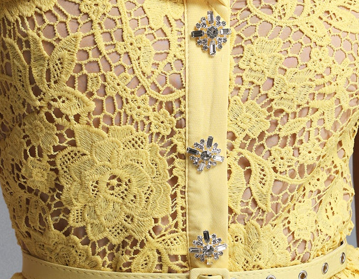 LEMON FLORAL LACE PEPLUM MIDI DRESS W/ LAPEL COLLAR