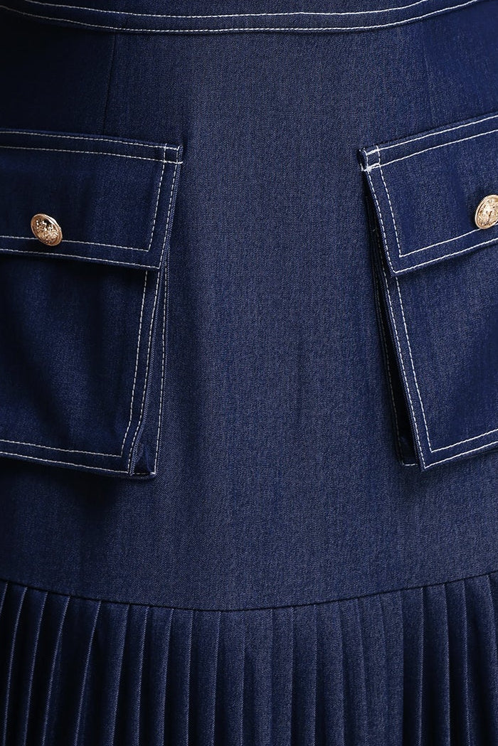 2026-04-14-maysa239792 DARK DENIM SLEEVELESS CARGO POCKET SHIRT TOP PLEATED MIDI DRESS