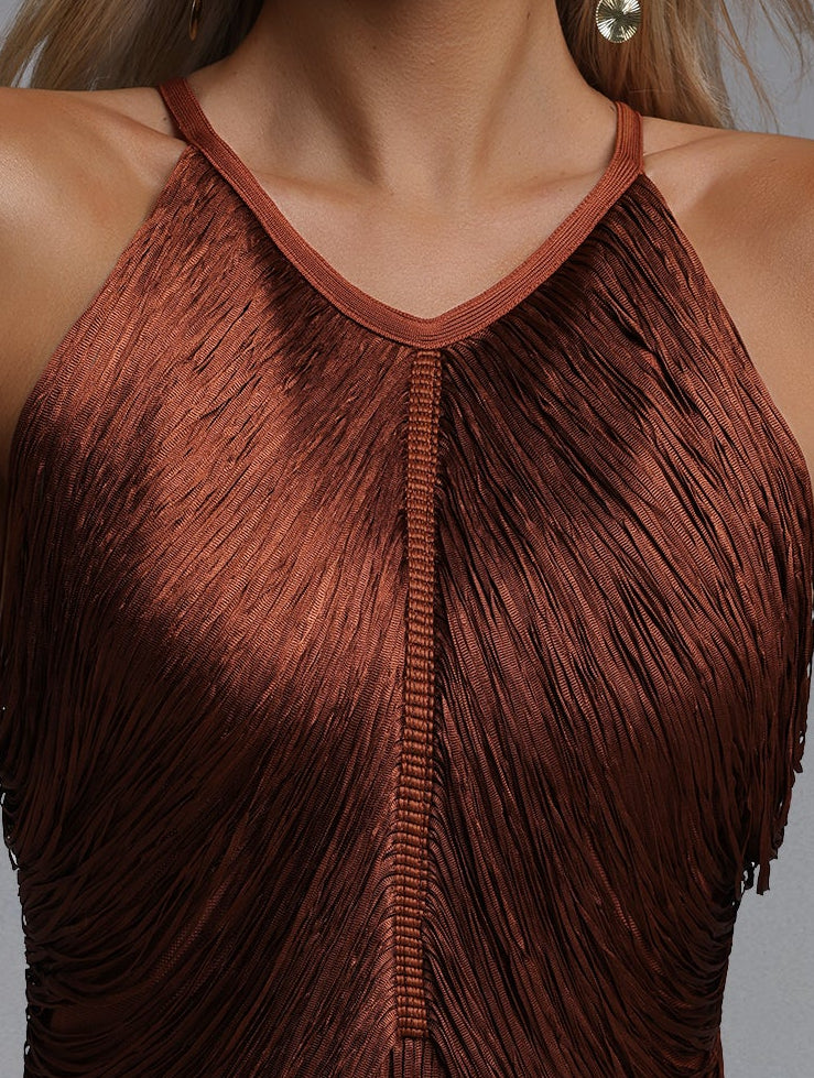 2026-05-15-melina255324 CHOCOLATE BROWN HALTER DRAPED BODYCON FRINGE MIDI PARTY DRESS
