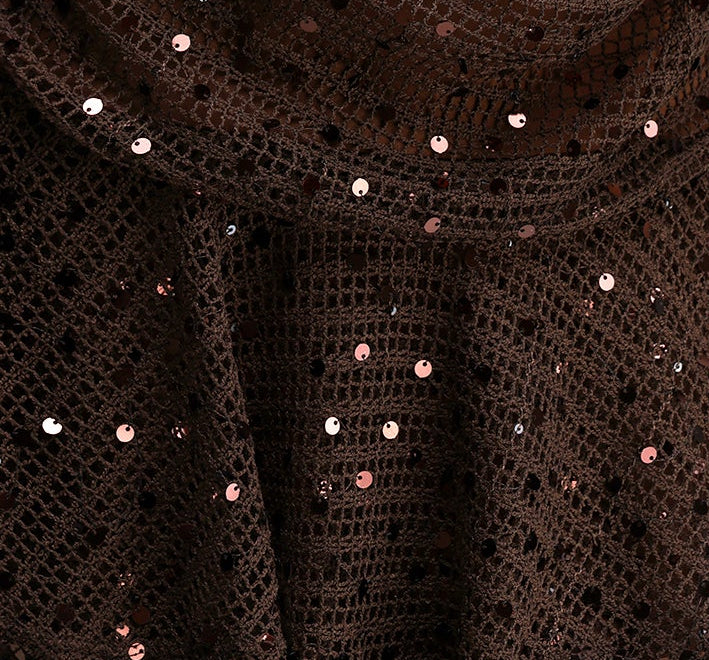 2026-05-27-alba265385 BROWN SEQUIN CROCHET HALTER RUFFLE MINI DRESS