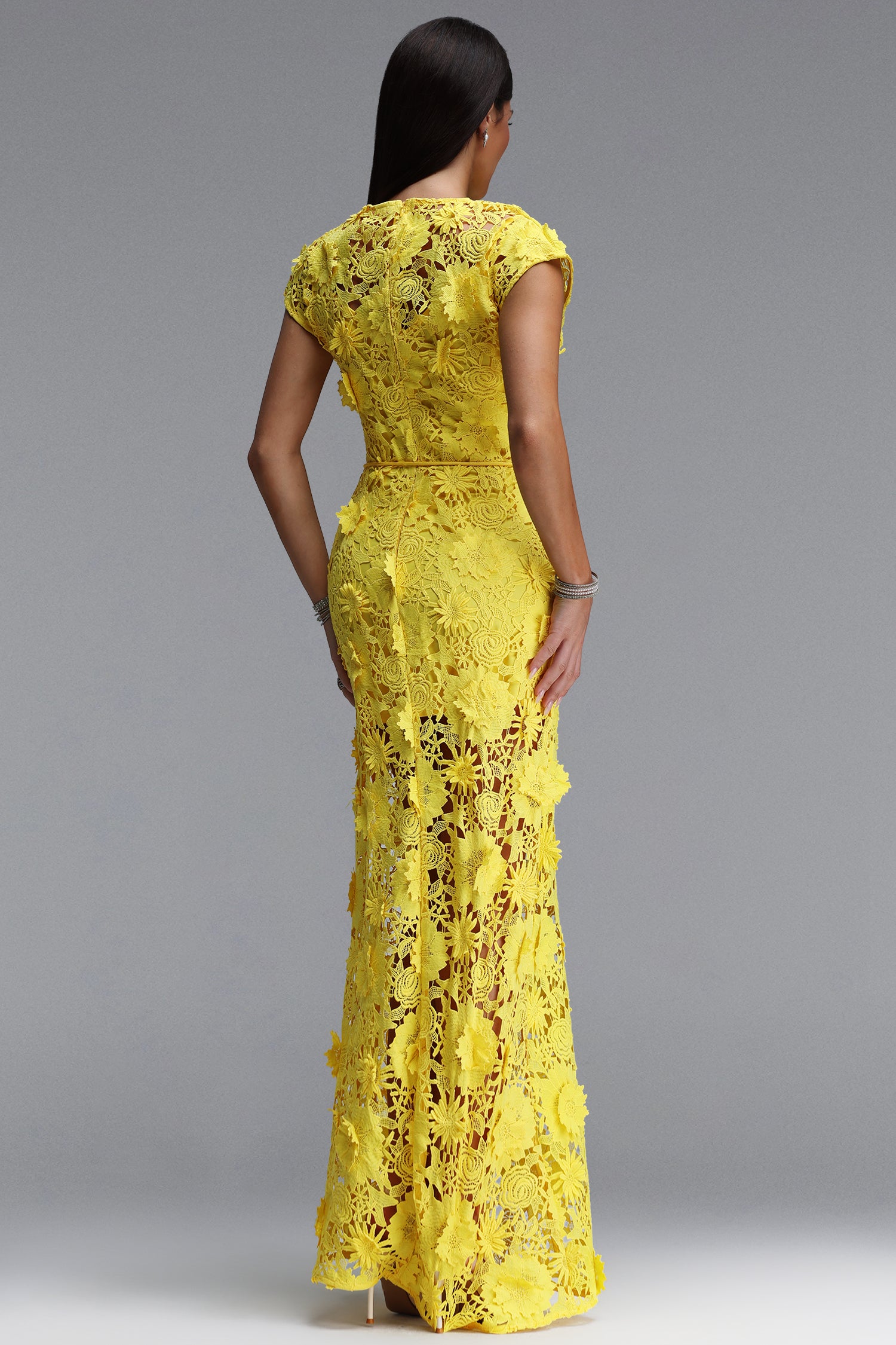 2026-05-27-alba266627 BRIGHT YELLOW 3D FLORAL LACE MERMAID BELTED MAXI DRESS