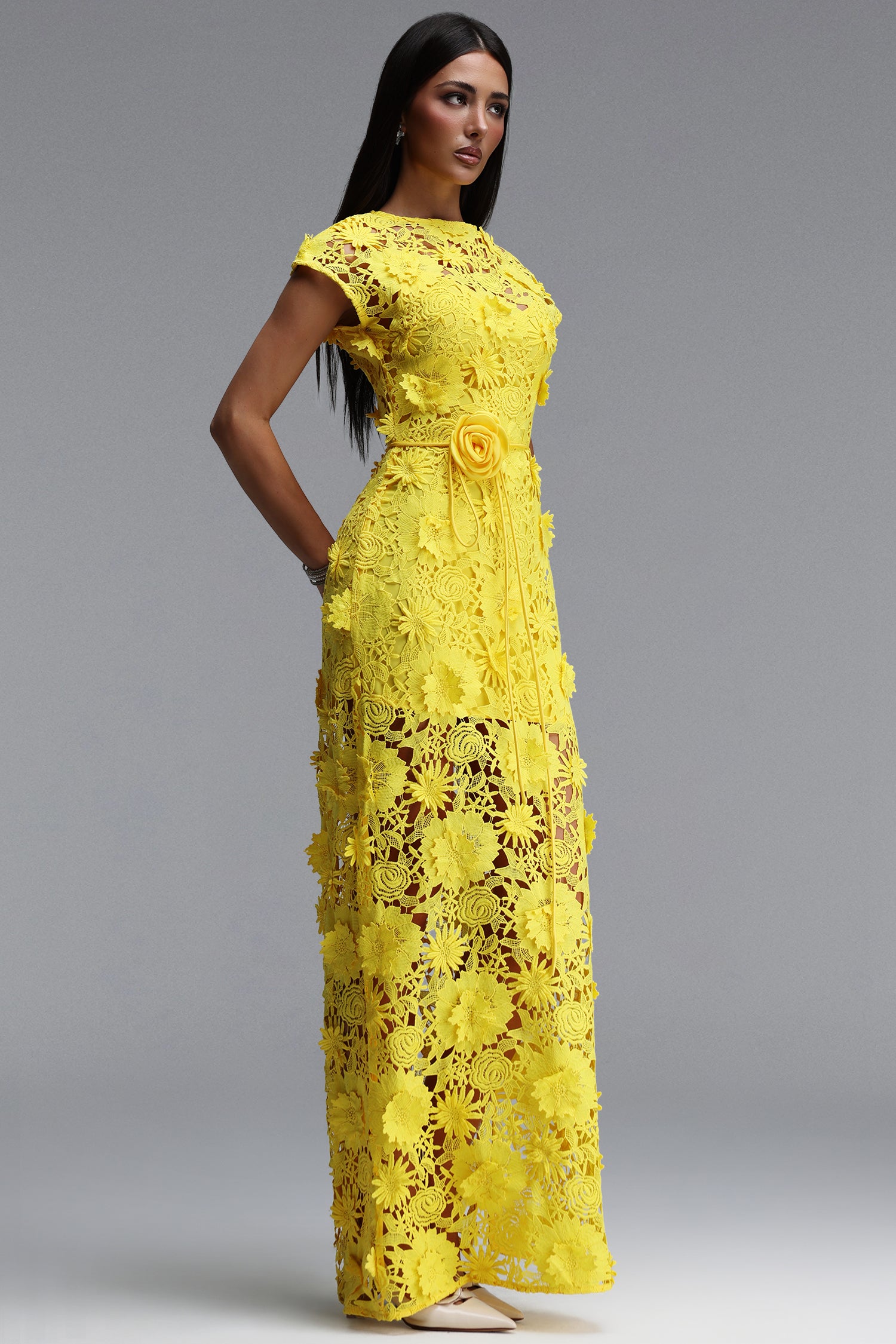 2026-05-27-alba266640 BRIGHT YELLOW 3D FLORAL LACE MERMAID BELTED MAXI DRESS
