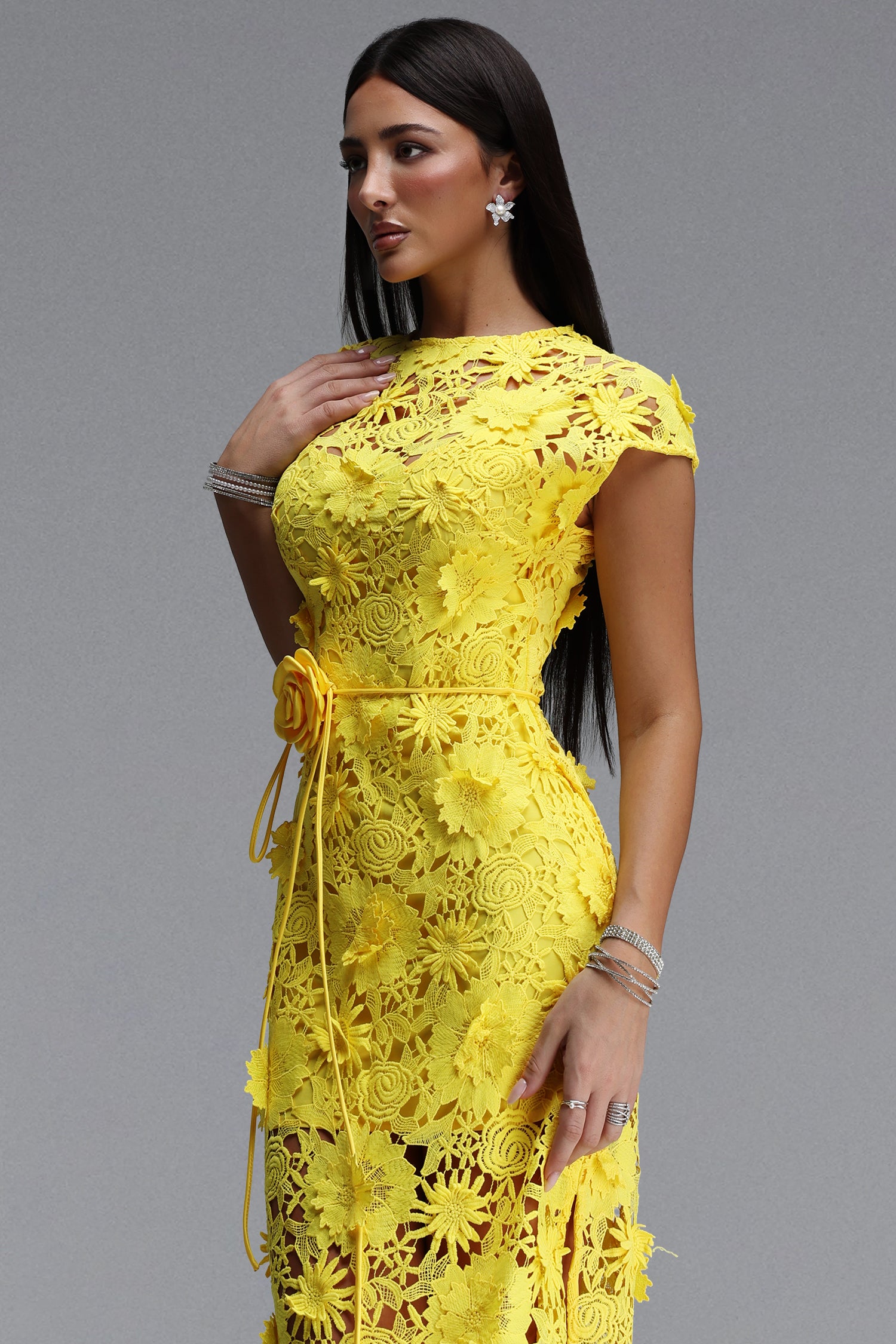 2026-05-27-alba266645 BRIGHT YELLOW 3D FLORAL LACE MERMAID BELTED MAXI DRESS