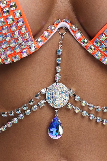 ORANGE RHINESTONE HALTER BIKINI SET W/ BODY CHAIN