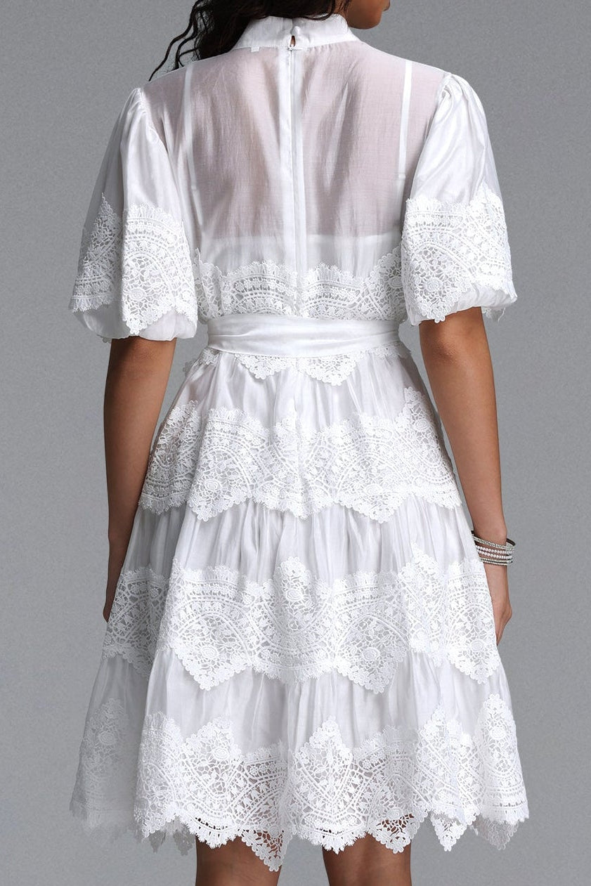 2026-06-09-maysa270588 WHITE MANDARIN COLLAR PUFF SLEEVE TIERED LACE MIDI DRESS