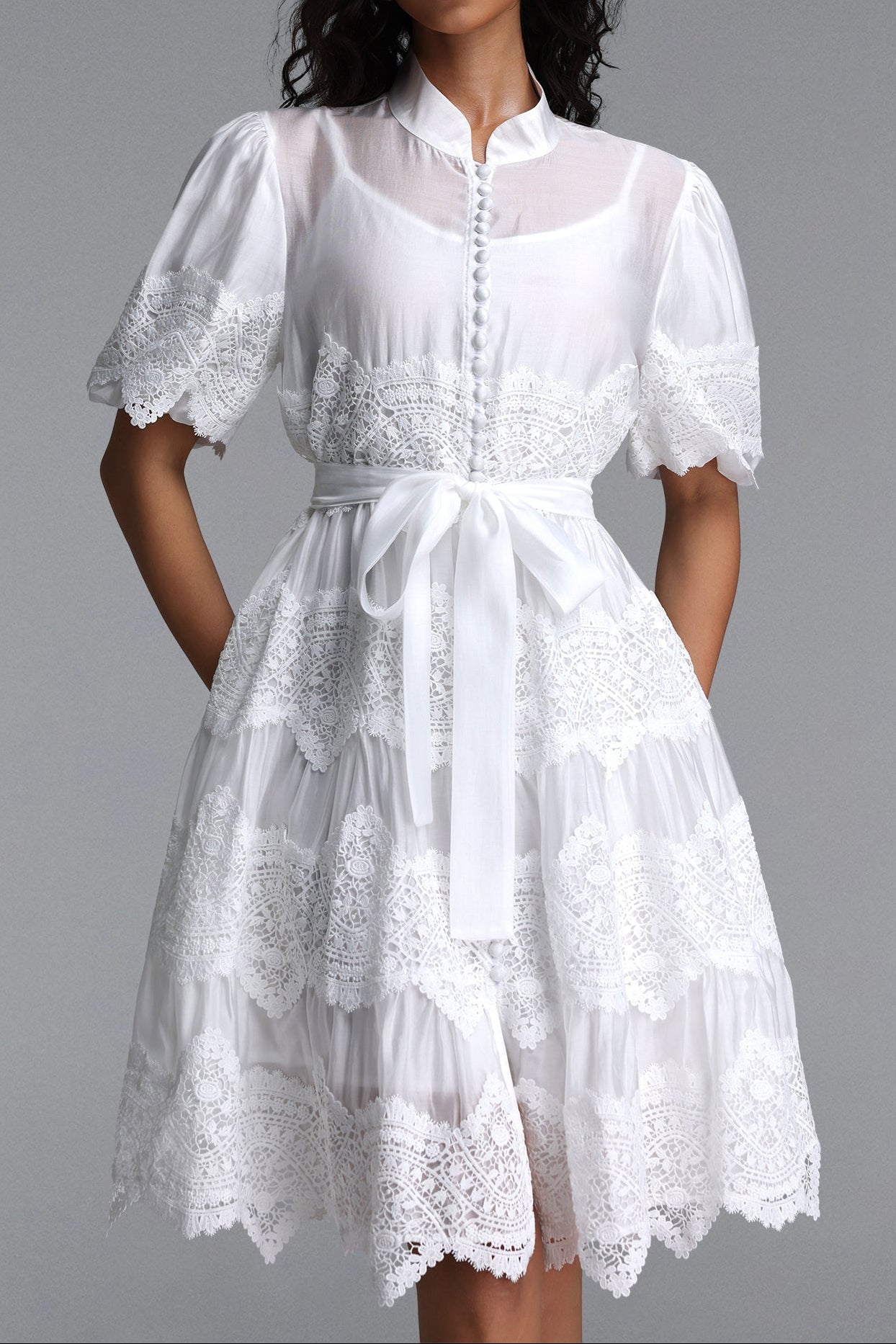 2026-06-09-maysa270613 WHITE MANDARIN COLLAR PUFF SLEEVE TIERED LACE MIDI DRESS
