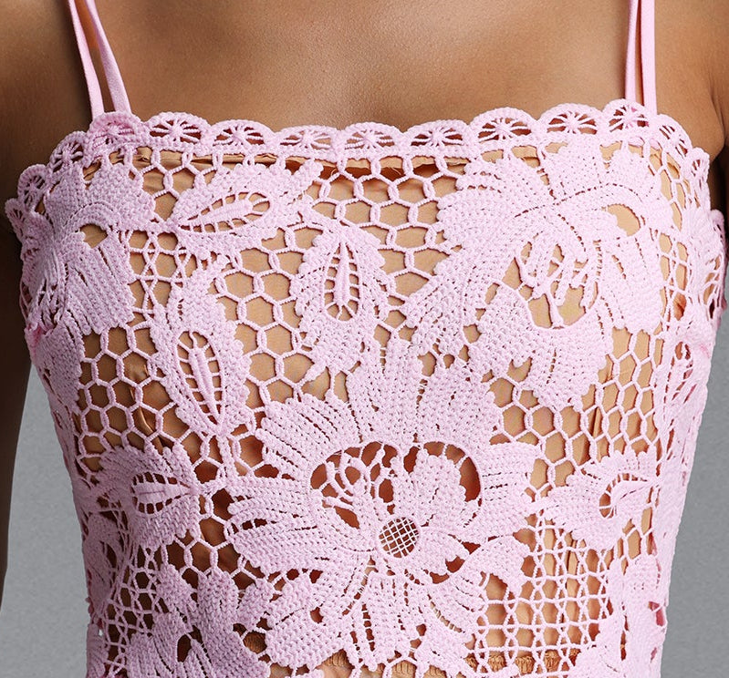 PINK LACE MERMAID MIDI DRESS, SCALLOPED NECK, SPAGHETTI STRAP