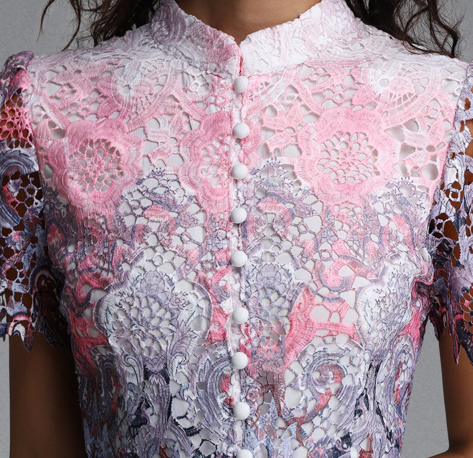 2026-06-09-maysa271231 OMBRE FLORAL LACE MIDI DRESS | STAND COLLAR PUFF SLEEVE A-LINE