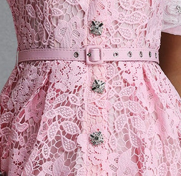 PINK PETER PAN COLLAR LACE BELTED MIDI SHIRT DRESS