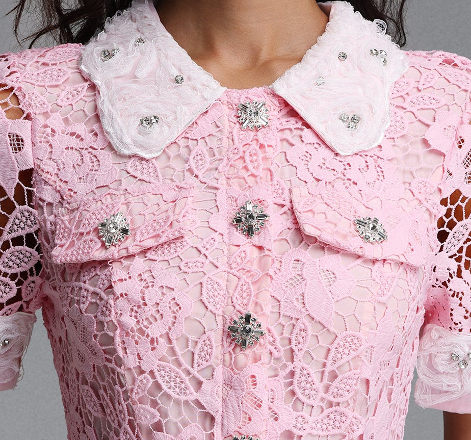 PINK PETER PAN COLLAR LACE BELTED MIDI SHIRT DRESS