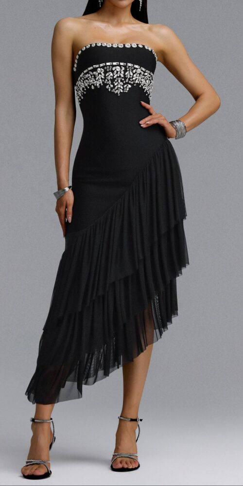 2026-06-13-andrea-m273526 BLACK STRAPLESS RHINESTONE RUFFLE TULLE MIDI DRESS