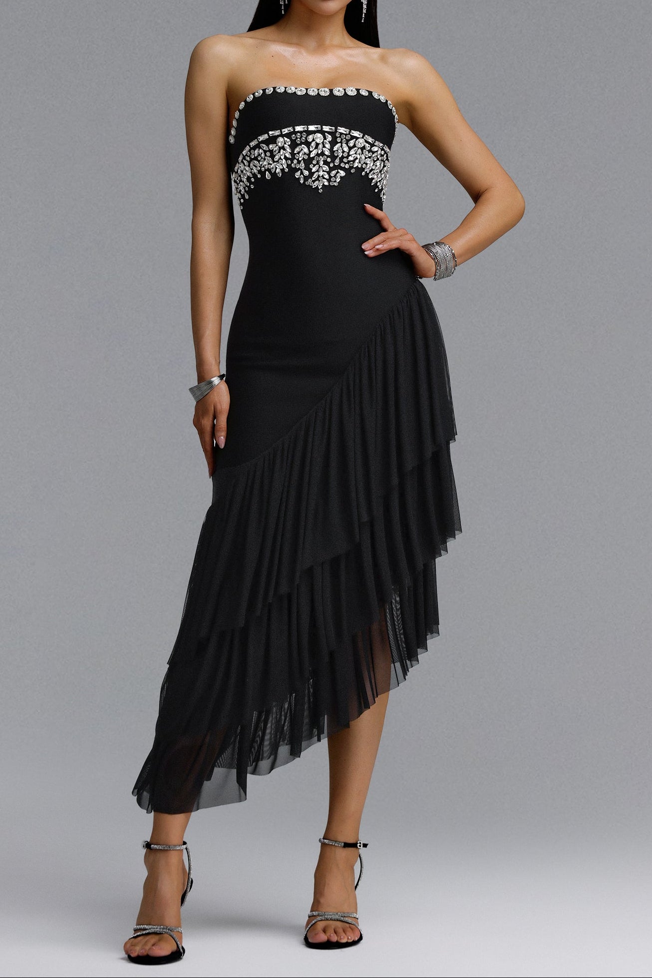 2026-06-13-andrea-m273526 BLACK STRAPLESS RHINESTONE RUFFLE TULLE MIDI DRESS
