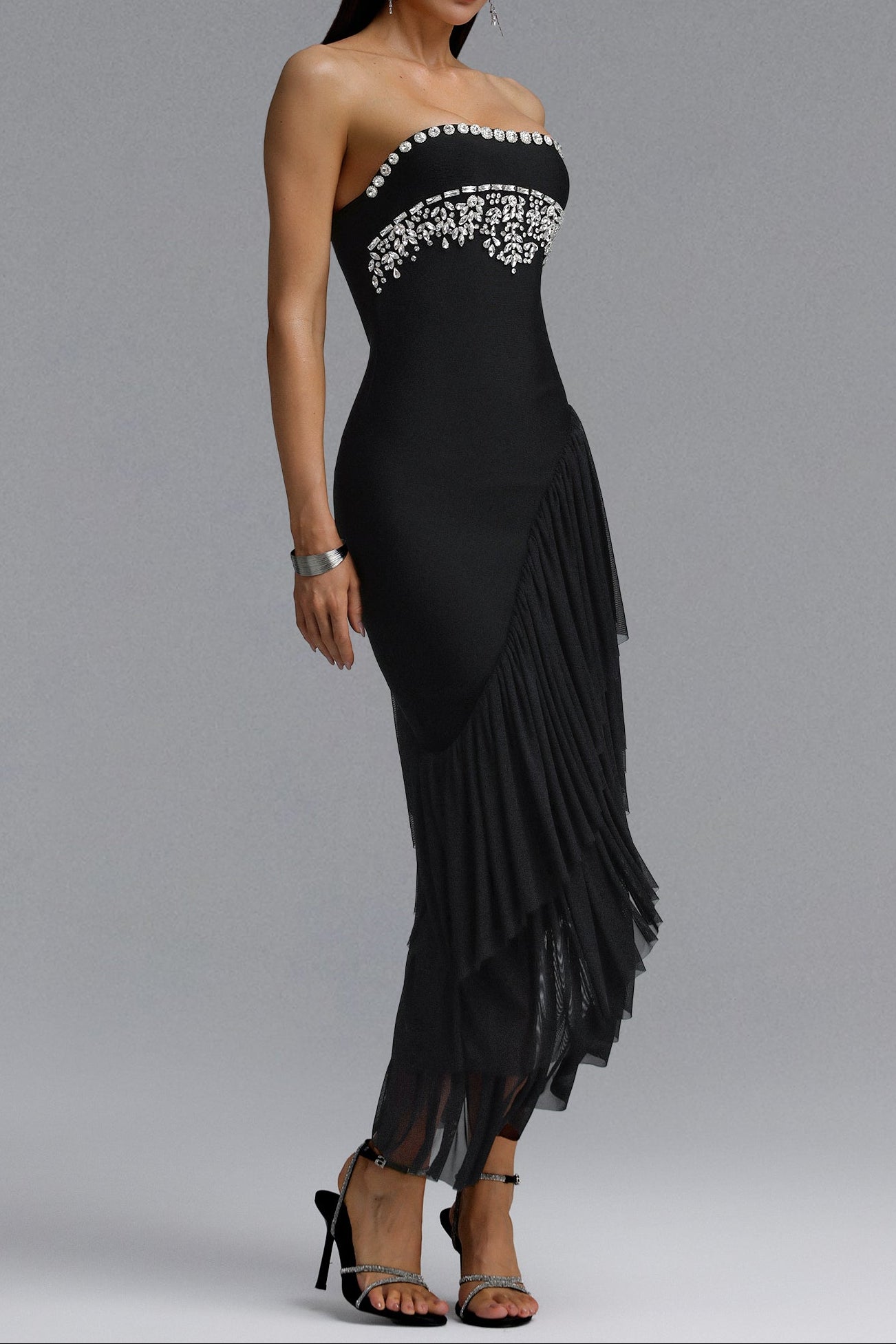 2026-06-13-andrea-m273532 BLACK STRAPLESS RHINESTONE RUFFLE TULLE MIDI DRESS
