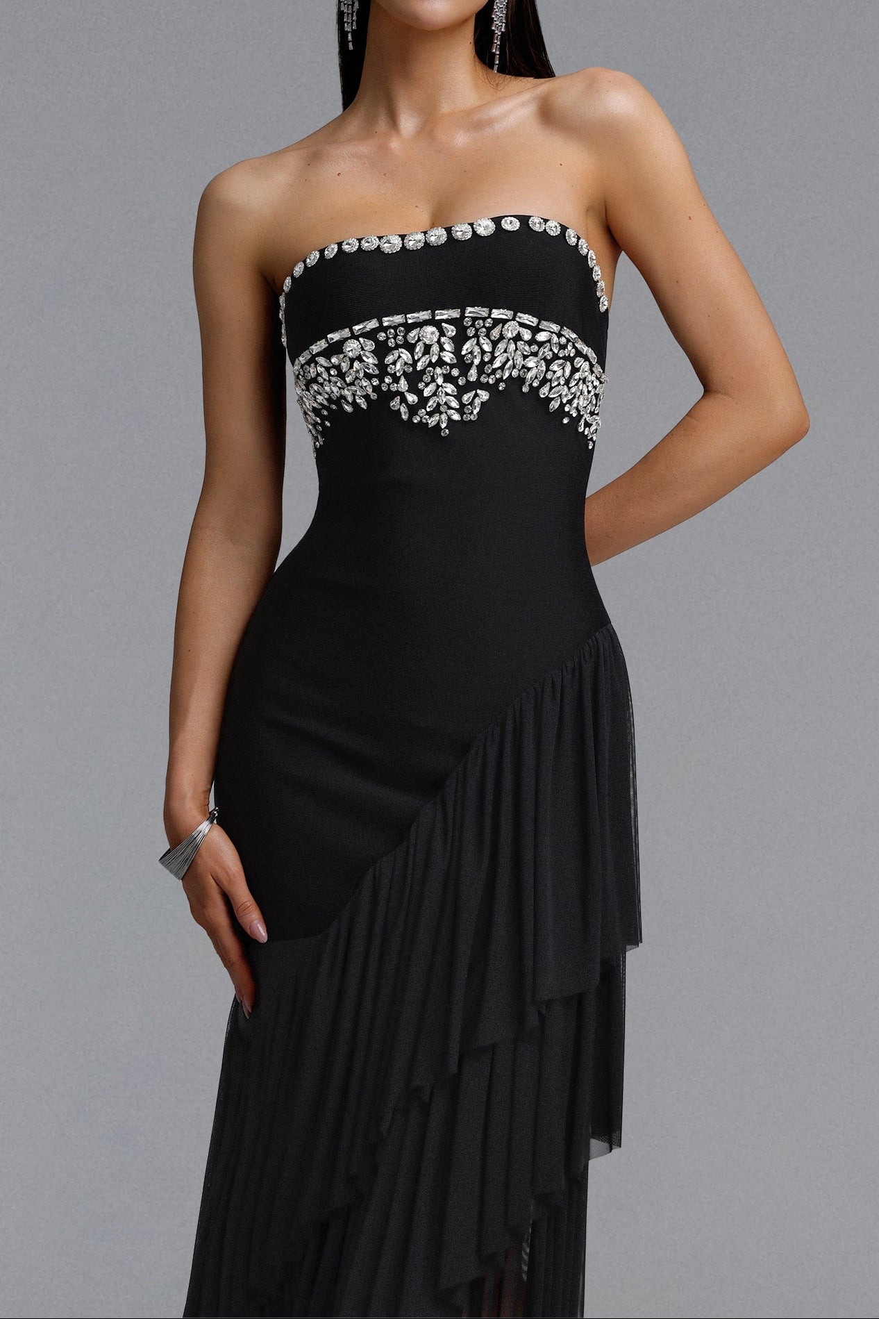 2026-06-13-andrea-m273541 BLACK STRAPLESS RHINESTONE RUFFLE TULLE MIDI DRESS