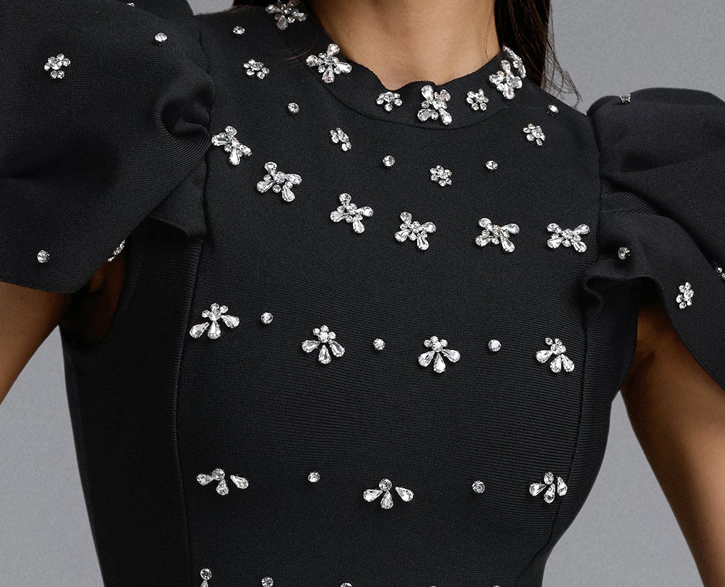 2026-06-13-andrea-m276148 BLACK PUFF SLEEVE RHINESTONE FLORAL FITTED MIDI FORMAL DRESS