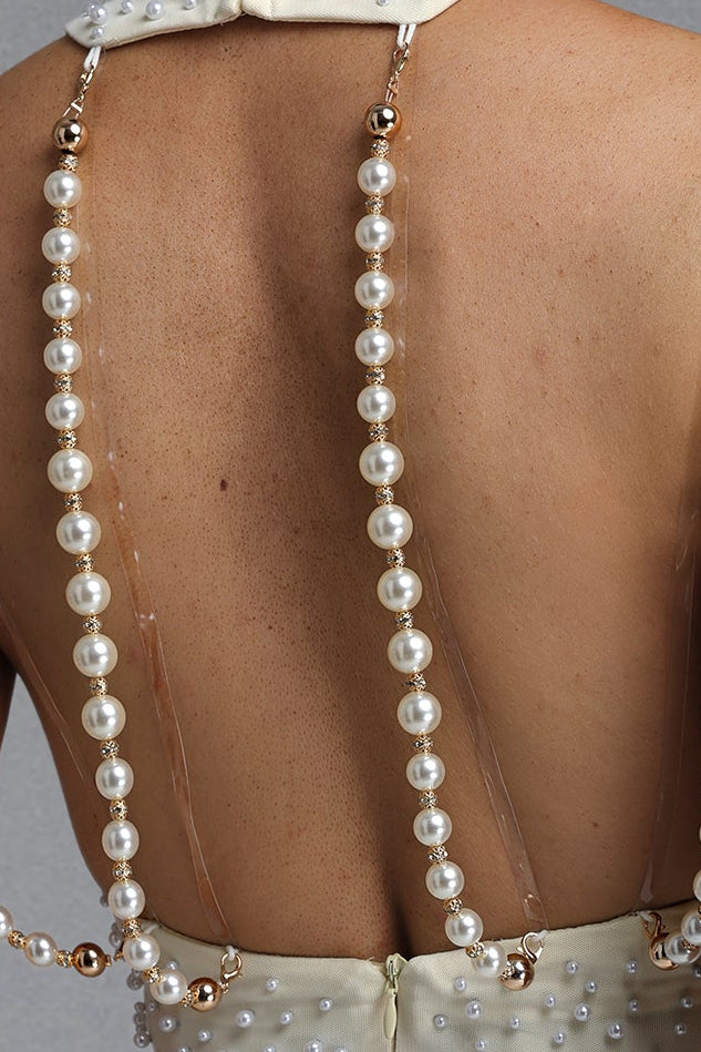 WHITE BEADED MERMAID GOWN SLEEVELESS CUTOUT PEARL MESH MAXI