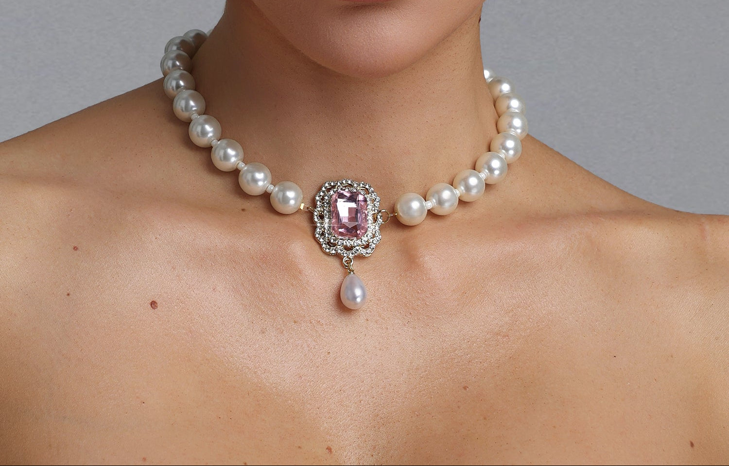 2026-06-24-andrea-m282688 PINK CRYSTAL PEARL CHOKER, RECTANGLE NECKLACE FOR PARTY